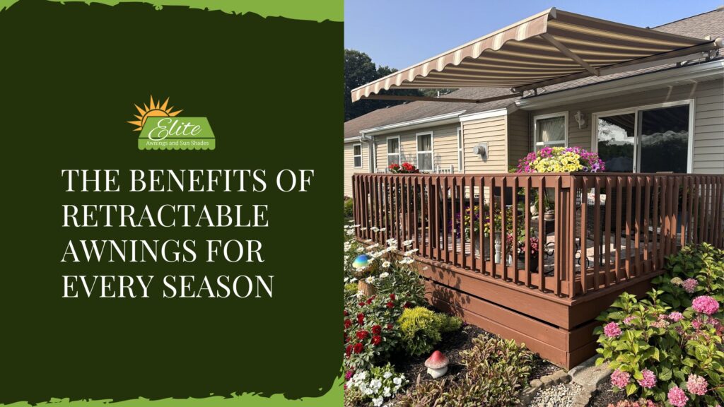 An outdoor retractable awning on rights with blog title on left.